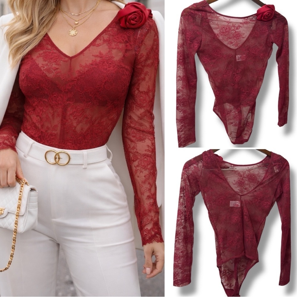 Parade | NWOT Women’s Red Floral Sheer Lace Long-Sleeve Bodysuit (size XS)